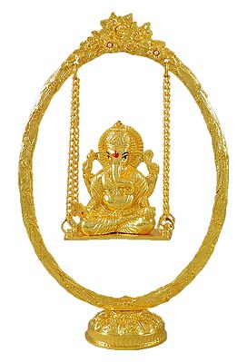 Gold Plated Ganesha on  a Swing - Brass Statue