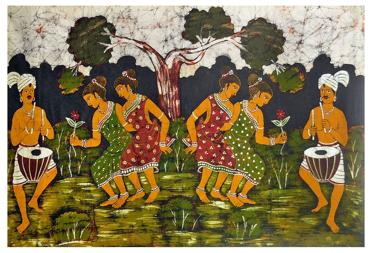 Santhal Folk Dancers - Batik Painting on Cloth