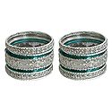 Set of 2 Stone Studded White with Cyan Bangles