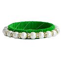 White Stone Studded and Faux Pearl Bead Bracelet with Green Cloth Lining