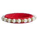 White Stone Studded and Faux Pearl Bead Bracelet with Red Cloth Lining