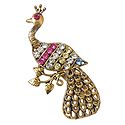Faux Zirconia and Ruby Studded Brass Peacock Brooch