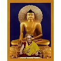 Dalai Lama sitting in front of Lord Buddha - Unframed Thangka Poster - Reprint on Paper