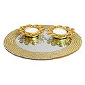 Set of Two Wax Candles in Metal Containers Decorated with Yellow Stones on Mirrored Plate