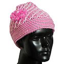Ladies Hand Knitted Pink and White Woolen Beanie Cap