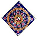 Appliqued and Embroidered Face of Jagannathdev Decorated with Golden Zari on Blue Velvet Cloth - (Wall Hanging)