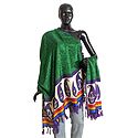 Tribal Design on Green Bhagalpuri Silk Chunni with Paisley Design and Purple Border