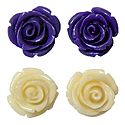 Set of 2 Pairs Purple and Ivory Color Acrylic Rose Earrings