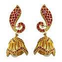 Red Stone Studded and Gold Plated Jhumka Earrings
