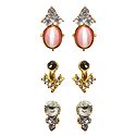 3 Pairs of White, Black and Pink Stone Studded Metal Stud Earrings