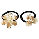 Set of 2 White with Golden Acrylic Flowers on Elastic Hair Band for Ponytail Holder