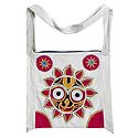 Appliqued Face of Jagannathdev on Off-White Cotton Shoulder Bag with Two Zipped Pocket