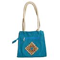 Blue Appliqued Bag with Two Open Pockets and Two Zipped Pockets
