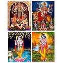 Bhagawati, Durga and Krishna Posters - Set of 4 Unframed Posters