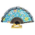 Floral Print on Blue Cotton Folding Fan with Stand