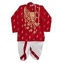 Embroidered Cotton Red Kurta and Ready to Wear White Dhoti for Baby Boy 