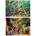 Krishna Preaches the Gita to Arjuna and Radha Krishna - Set of 2 Posters