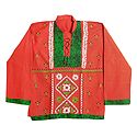 Brick Red with Green Mens Short Kurta with Embroidery