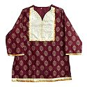Maroon Printed Kurti with Sequine Work on White Appliqued Cloth