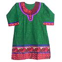 Self Design Green Kurta with Red Embroidery and Three Quarter Sleeves