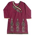 Maroon Achkan Style Kurti with Zari and Green Thread Embroidery on Neckline and Border