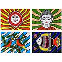 Sungod, Lord Buddha, Fish and Birds - Set of 4 Madhubani Paintings on Unframed Photographic Paper