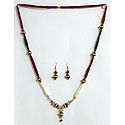 Maroon, Green and White Beaded Necklace with White Stone Studded Pendant with Earrings