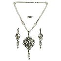 White Bead Necklace with White Stone Studded Pendant, Earrings and Ring