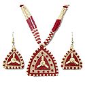 Red and Off-White Bead Necklace with Jute Pendant and Earrings