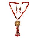 Red Bead Necklace with Jhalar Metal Pendant and Earrings