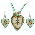 Green Corded Heart Pendant and Earrings Decorated with Off White Wooden Beads and Paddy Rice