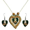 Beige Corded Heart Pendant and Earrings Decorated with Off White Wooden Beads and Paddy Rice