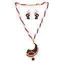 Red and White Beaded Necklace with Meenakari Metal Pendant and Earrings