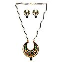 Black and White Beaded Necklace with Meenakari Metal Pendant and Earrings