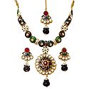 Multicolor Lacquered Necklace with Kundan Work Pendant, Earrings and Mang Tika