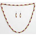 Beige Wooden Beads with Red Natural Seed Necklace and Earrings 