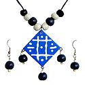 Adjustable Necklace with Blue Paper Pendant with Black Wooden Bead Earrings