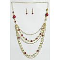 Five Layer Golden Chain with Red Bead Necklace and Earrings