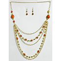 Five Layer Golden Chain with Saffron Bead Necklace and Earrings