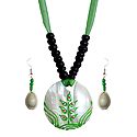 Black Bead Necklace with Painted Shell Pendant and Adjustable Green Ribbon
