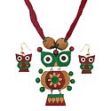 Maroon Thread Necklace with Terracotta Owl Pendant and Earrings