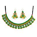 Green with Yellow Macrame Thread Necklace and Earrings with Red and Black Beads