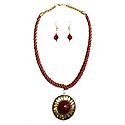 Maroon Threaded Tibetan Necklace with Stone Pendant and Earrings