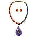 Multicolor Threaded Tibetan Necklace with Stone Pendant and Earrings