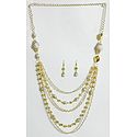 Five Layer Golden Chain with White Bead Necklace and Earrings
