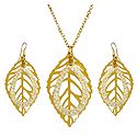Golden Metal Chain with Leaf Pendant and Earrings