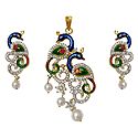 Faux White Zirconia Gold Plated Peacock Pendant and Earrings