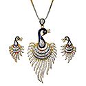 Gold Plated Chain with White Stone Studded Peacock Pendant and Earrings 