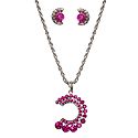 Magenta Stone Studded Pendant with Oxidised Metal Chain and Earrings