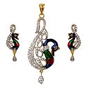 Faux White Zirconia with Gold Plated Peacock  Pendant and Earrings